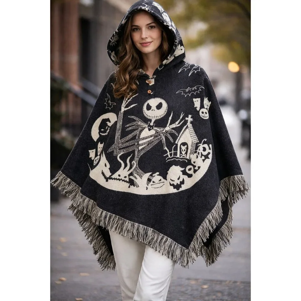Nightmare Before Christmas Jack Skellington Hooded Alpaca Poncho Fringe